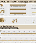 Modern Gold Curtain Rod Set Of 2 With 1 Inch Diameter Heavy Duty Curtain Rods Adjustable From 66 To 120 Inches Farmhouse End Cap Finials Dope Upgrade For Indoor Outdoor Windows In Bedroom Living Room Patio Kitchen, package contents and measurements chart