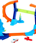 Hot Wheels Corkscrew Loop Track Set With 1:64 Scale Die Cast Car, orange and blue loop, snap track adapters, visible stunt setup.