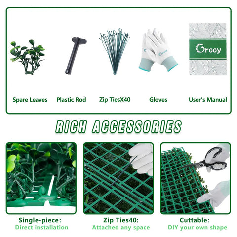 Accessories for Totally Realistic Artificial Boxwood Roll Panels 40 By 120 Inches Privacy Fence Screen Faux Ivy Leaves, including spare leaves, plastic rod, zip ties, gloves, user manual, installation demonstration.