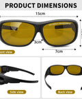 Heavy Hitter Laser Safety Specs 2 Pack OD8 Protection Against 190Nm To 2000Nm And 1064Nm Lasers front, side and back views with dimensions.