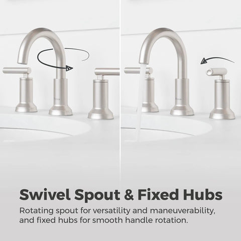Swivel and fixed hubs of Capistrano Widespread Bathroom Sink Faucet With Dual Handles Three Hole Vanity Mount Brushed Nickel Finish