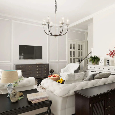 Farmhouse Chandelier Pendant Light In Antique White With Rustic Metal Finish, 26 Inch French Country Style Ceiling Light in living room.