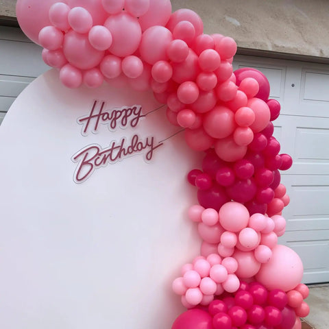 60 Piece Hot Pink Balloon Set With Heart Latex Balloons Confetti Balloons And Ribbon Party Ready Decor For Princess Birthdays Baby Showers Weddings Bachelorette Parties And Valentines Day highlighting pink balloon arch with 'Happy Birthday' sign