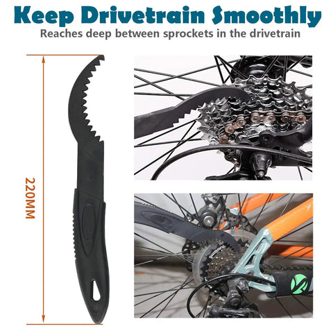 All In One Bike Chain Cleaner Kit With Four Pieces Pro Gear Cleaning Brushes Deep Clean Your Drivetrain For Mountain Road And BMX Bikes with brush and drivetrain close-ups