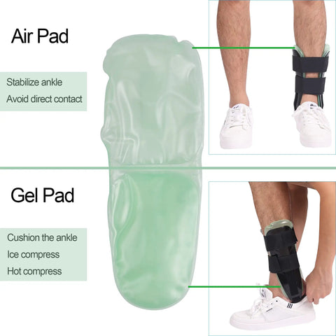 Air Gel Ankle Brace With Stirrup Support for Upright Stability and Quick Relief, showing foam and gel pads for injury protection