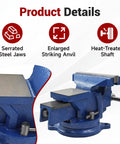 Beefy Heavy Duty 5 Inch Bench Vise With Anvil And 360 Degree Swivel Locking Base Tabletop Clamp showing serrated jaws