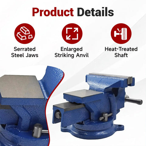 Beefy Heavy Duty 5 Inch Bench Vise With Anvil And 360 Degree Swivel Locking Base Tabletop Clamp showing serrated jaws
