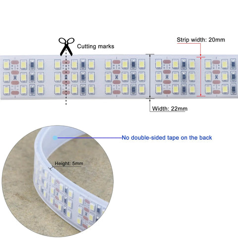Close-up of 16.4Ft Triple Row LED Strip Lights Daylight White 6000K DC12V 1800 LEDs showing cut marks and width dimensions.