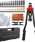 16 Inch Rivet Nut Gun Kit with 15 SAE and metric mandrel sizes, 18 mandrel sets, 280 rivet nuts, stroke gauge rivnut tool