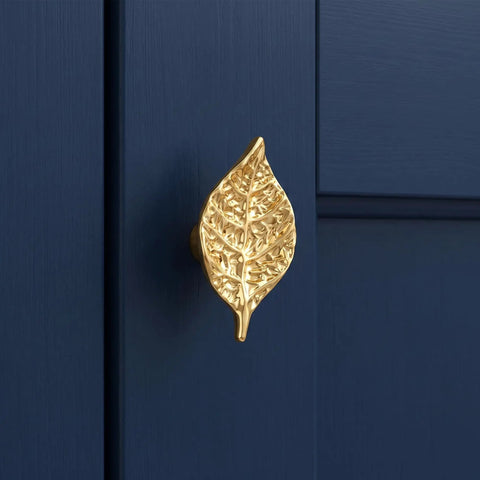 Vintage Leaf Cabinet Knobs Set, 4 Pack, Zinc Alloy Drawer Pulls with Single Hole Mount, gold leaf knob on blue cabinet