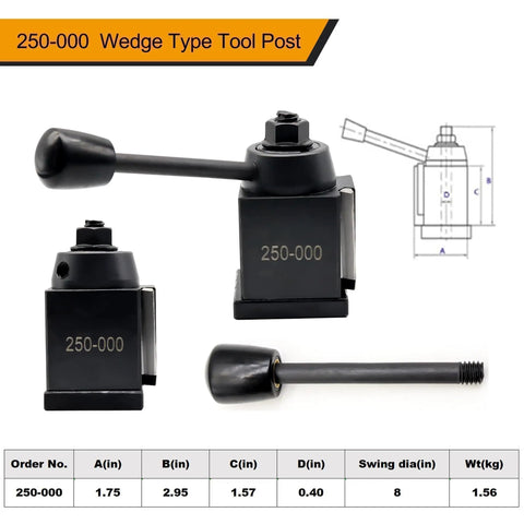 Six Piece Quick Change Tool Post Set For Lathe With 250-000 Wedge Type Post shown with dimensions and components