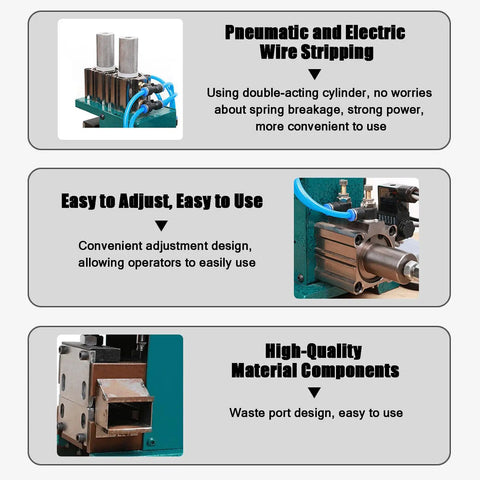 Get this Top-Tier Pneumatic Wire Stripper Machine For Precise Inner And Outer Cable Stripping, showcasing dual-action cylinder and adjustment features.