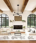 Black Sputnik Chandelier With 6 Lights in modern living room, industrial ceiling light above seating area, polished finish