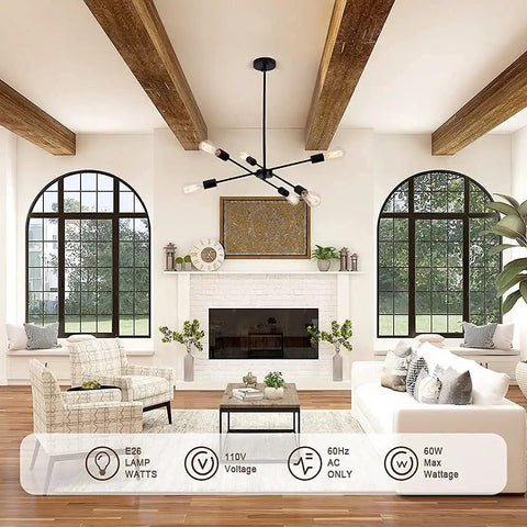 Black Sputnik Chandelier With 6 Lights in modern living room, industrial ceiling light above seating area, polished finish