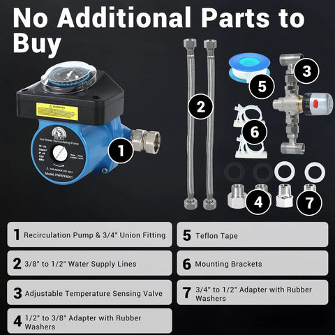 Instant Hot Water Recirculating Pump Kit Featuring Thermal Bypass Tech For Rapid Tank Heating No Return Line Required Hands On Installation To Knock Out Wait Times And Crush Utility Bills Daily with components and fittings.