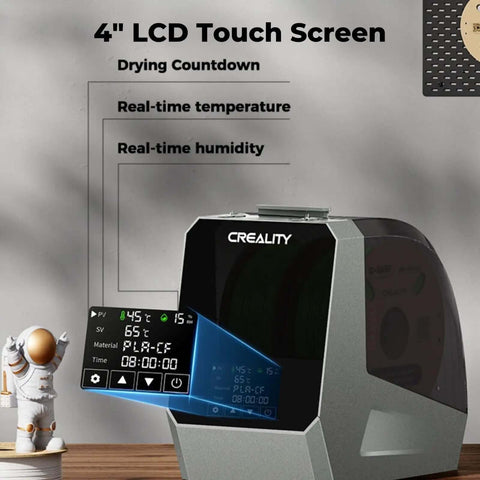 Filament Dryer Plus Dual Spool Storage with 4-inch LCD touch screen showing drying countdown, temperature, and humidity details.