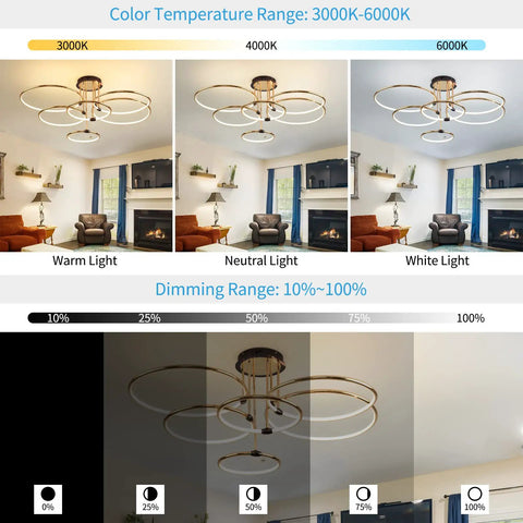 Dimmable 90W LED Ceiling Chandelier With Remote Control, Dope Gold Six Ring Flush Mount Light Fixture, 3000K-6000K settings