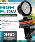 High-flow manual relief valve with pressure gauge and O-ring for lawn and patio use (Amazon)