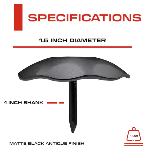 Hella Durable 50 Pack Of 1 5 Inch Iron Clavos Matte Black Decorative Nails with 1.5 inch diameter for rustic projects.