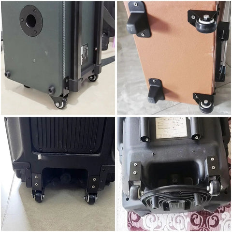 Two Pack Universal Right Angle Fixed Casters 1.5 Inch Wheels Black installed on various luggage and carts