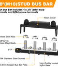 No Sweat Heavy Duty 12 Volt Power Distribution Bus Bar Terminal Block With Four Three Eighth Inch Studs And Six Number Eight Screws For Red Positive Black Negative Wiring Built Solid For Your Daily Ride showing bus bar with studs and screws.