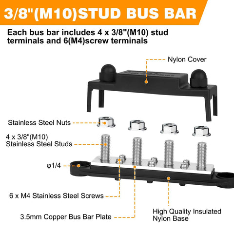 No Sweat Heavy Duty 12 Volt Power Distribution Bus Bar Terminal Block With Four Three Eighth Inch Studs And Six Number Eight Screws For Red Positive Black Negative Wiring Built Solid For Your Daily Ride showing bus bar with studs and screws.