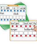 12 Pack Elkonin Boxes Phonemic Awareness Boards for Speech Therapy and Phonics Games, 9 by 12 Inch Dry Erase Whiteboards With Syllable Mapping showing sound and syllable mapping exercises.