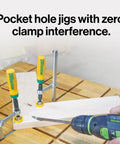 MatchFit Dovetail Clamps For Woodworking Track System Flexible Three Eighths Inch Groove Fits One Half Inch Diameter Fourteen Degree Dovetail Router Bits Two Pack In Yellow And Green Slick No Fuss Clamping Precise Alignment on a wooden surface with a drill and pocket hole jigs.