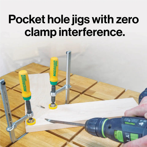 MatchFit Dovetail Clamps For Woodworking Track System Flexible Three Eighths Inch Groove Fits One Half Inch Diameter Fourteen Degree Dovetail Router Bits Two Pack In Yellow And Green Slick No Fuss Clamping Precise Alignment on a wooden surface with a drill and pocket hole jigs.