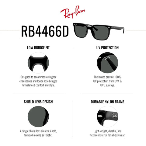 RB4466D Shield Sunglasses Black Dark Grey 47mm Wide Fit For Large Faces with low bridge fit and durable nylon frame