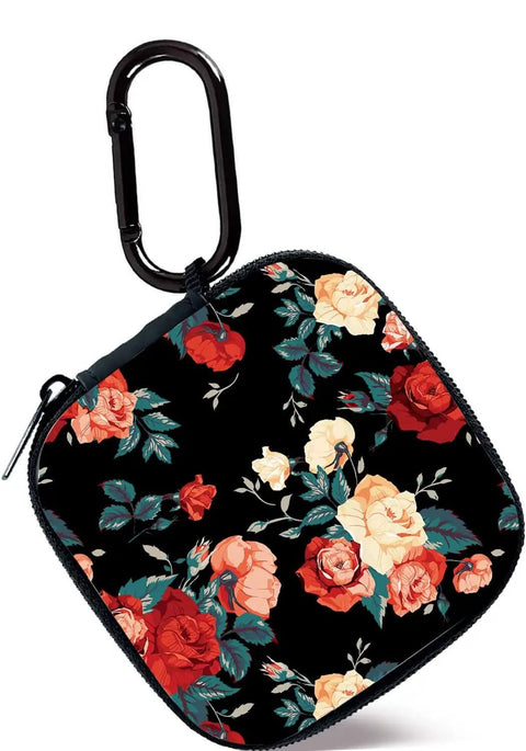 Premium Rugged Hard Eva Earbud Case With Sturdy Carabiner Loop For Wireless Headsets And AirPods Compatible Shockproof Travel Pouch Vintage Rose on black background.