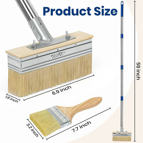 Heavy Hitter Deck Stain Brush Set With Super Long 59 Inch Pole Handle For Quick Wood Fence And Wall Coverage Comes With Detail Brush For Railing Crevices Save Your Back Today, showing brush sizes.