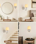 1-Light Brushed Nickel Vanity Light with Beige Fabric, Modern Wall Sconce showcased in bathroom, bedroom, stairway, and living room settings.