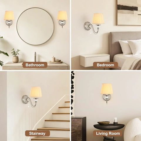 1-Light Brushed Nickel Vanity Light with Beige Fabric, Modern Wall Sconce showcased in bathroom, bedroom, stairway, and living room settings.