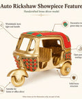Sick Red Brass Auto Rickshaw Replica With Stone Studded Details Classic Indian Tuk Tuk Model Display Piece featuring open seating and colorful roof.