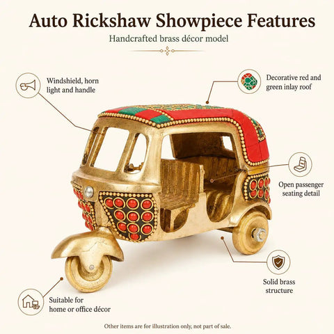 Sick Red Brass Auto Rickshaw Replica With Stone Studded Details Classic Indian Tuk Tuk Model Display Piece featuring open seating and colorful roof.