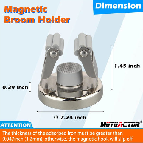 Diagram of Heavy Duty Magnetic Broom Holder Set No Drilling 10lb Wall Mount Hooks 2 Pack dimensions with metal parts