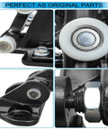Front and side views of a truck door hinge roller assembly with white plastic wheel, metal bracket and mounting bolts