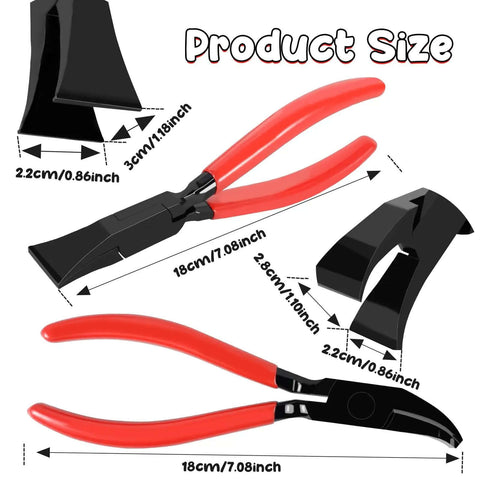 Two Pack Sheet Metal Hand Seamer With Anti Slip Handle showing red handles and measurements for bending metal sheets.