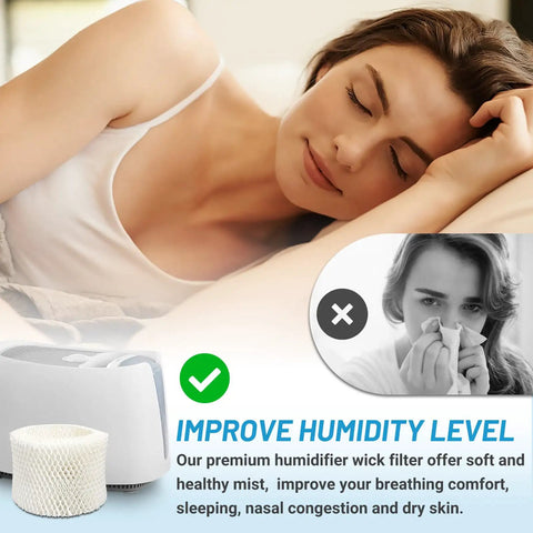 Woman sleeping comfortably next to humidifier and Six Pack HAC504 Humidifier Filters For Honeywell Humidifiers Compatible With HAC504 And HCM