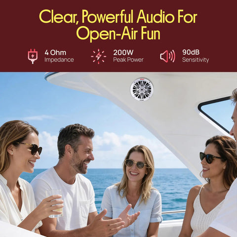 Group enjoying music from 6.5 Inch Dual Marine Speakers Built For Outdoor Bumpin Sound, Waterproof And Weather Resistant, 200 Watt Peak Power.
