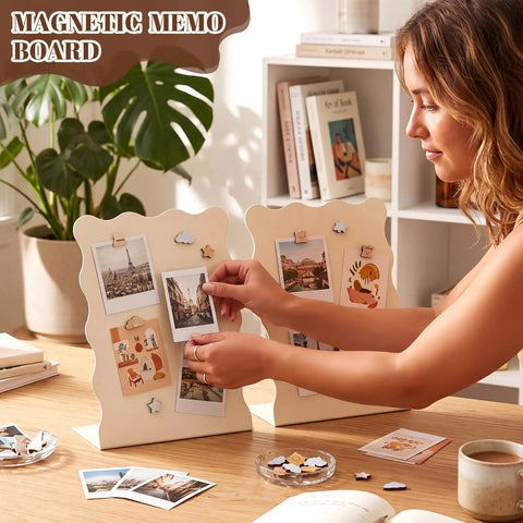 Person using Four Piece Scalloped Magnetic Memo Boards Set For Desk Or Wall Display Eleven By Eight Point Five Inch Magnetic Display Stand