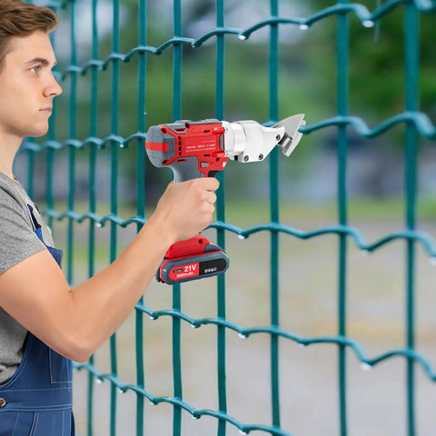 21V Brushless Cordless Sheet Metal Shear With Two Batteries And 360 Degree Pivoting Head cutting through wire fence