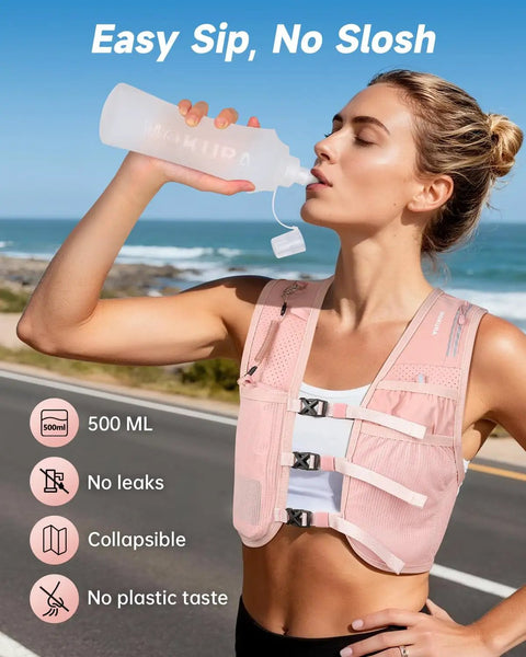 Reflective Hydration Vest With 500ml Soft Flask And Phone Holder Go To Lightweight Running Pack For Men And Women Adjustable Water Bottle Vest No Bounce Stability Ideal For Training And Hiking Pink worn by runner drinking from soft flask