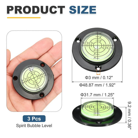 Nexarelle 3pcs Round Bubble Level D:48.9mm, H: 9.2mm Black/Green showing size dimensions and scale in hand.