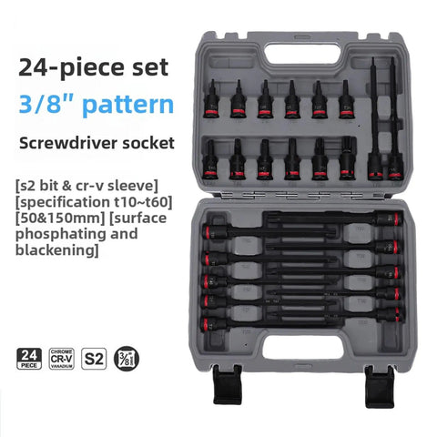 Dope 24 Piece Impact Socket Set With Star Bits T10 To T60 For Heavy Duty Car Repairs And Machine Work Plus Crv Steel Deep Sockets In Blow Mold Case, 3/8 pattern