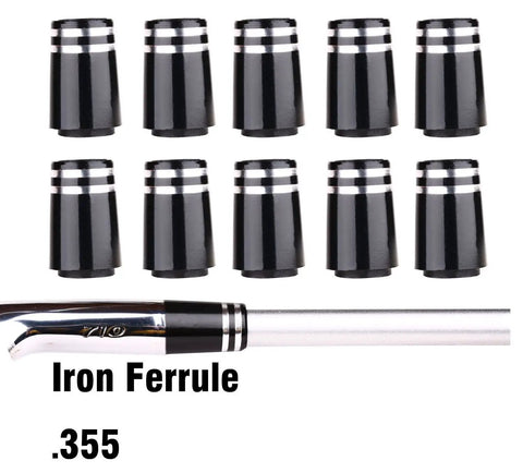 Beefed Up Black Golf Ferrule Set For Taper Tip Irons And Wedges 10 Pack 0.355 Inch Bore displayed with iron shaft