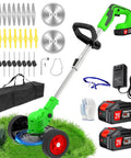 Cordless 3-in-1 Weed Wacker with dual 2000mAh batteries, string trimmer, brush cutter, lawn edger with wheels, 4 blade types.