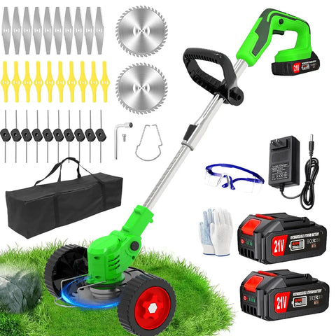 Cordless 3-in-1 Weed Wacker with dual 2000mAh batteries, string trimmer, brush cutter, lawn edger with wheels, 4 blade types.