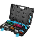 Duratech Heavy Duty Ratcheting Tube Bender Kit With Pipe Cutter And Deburrer in sturdy case, featuring colorful interchangeable dies.